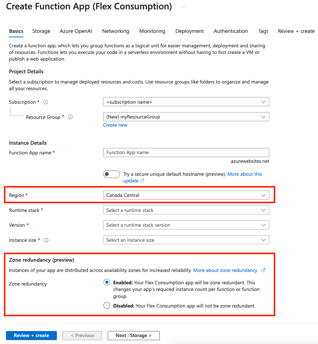 Skärmbild av fliken Grundinställningar på sidan för att skapa funktionsappen Flex Consumption.
