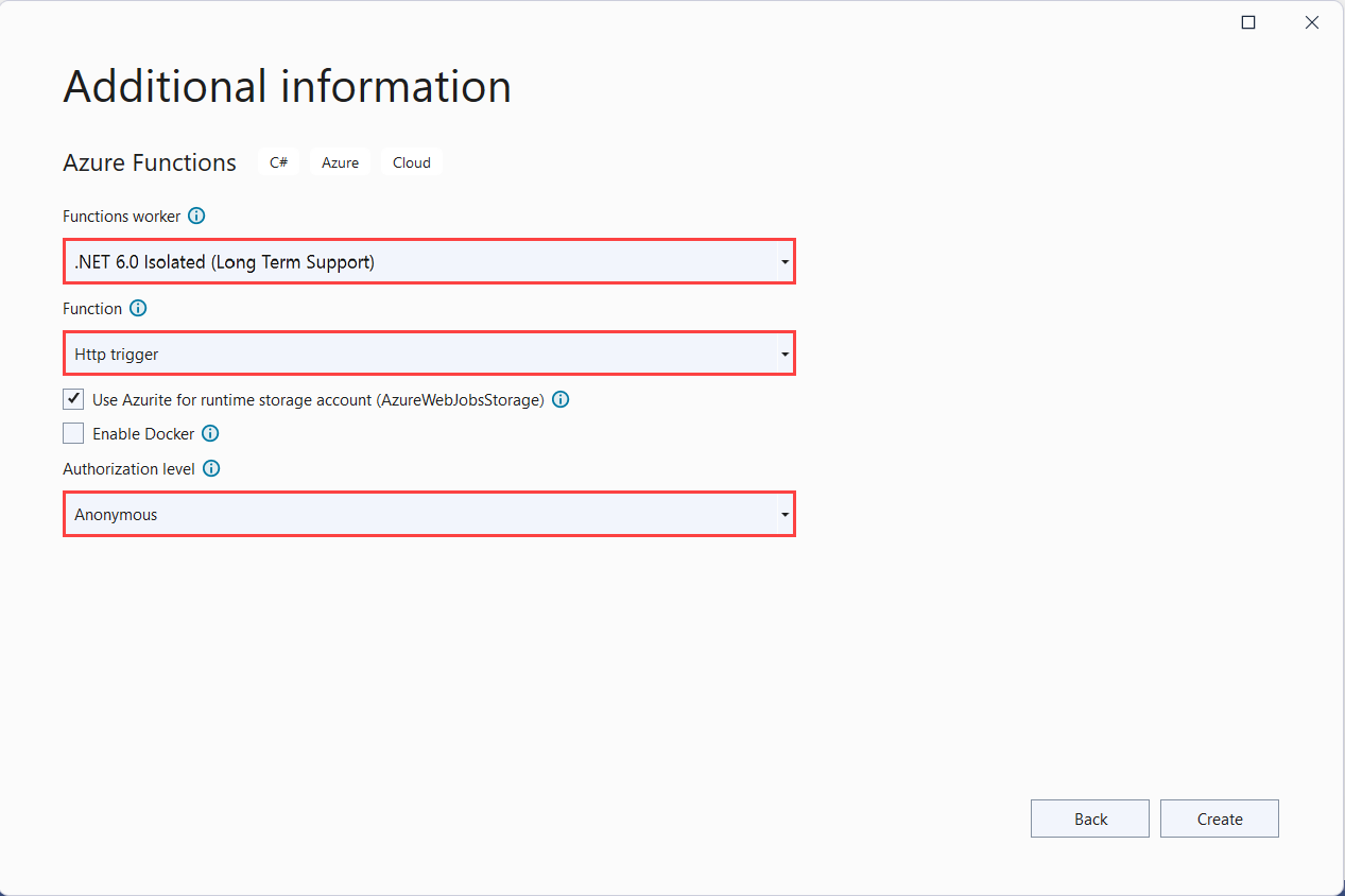 Skärmbild av Azure Functions-projektinställningar