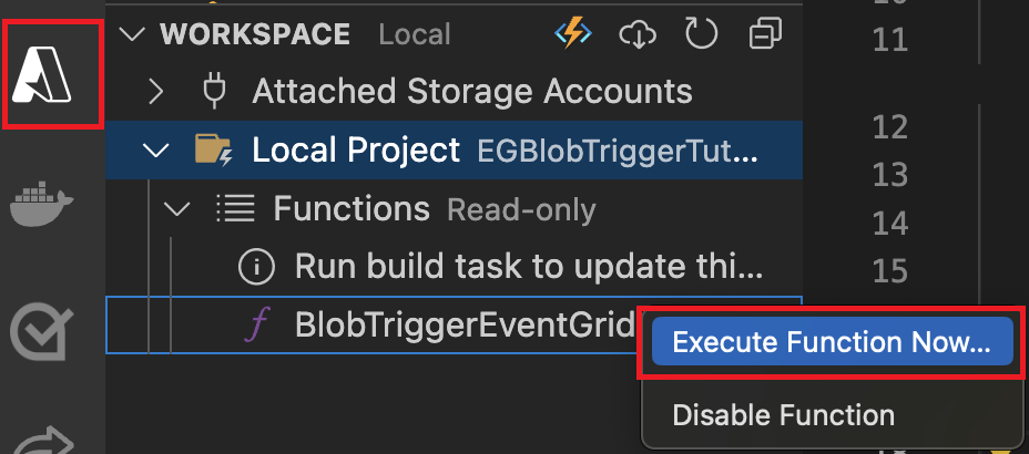 Skärmbild som visar hur du väljer knappen Kör funktion nu från funktionen i den lokala projektarbetsytan i Visual Studio Code.