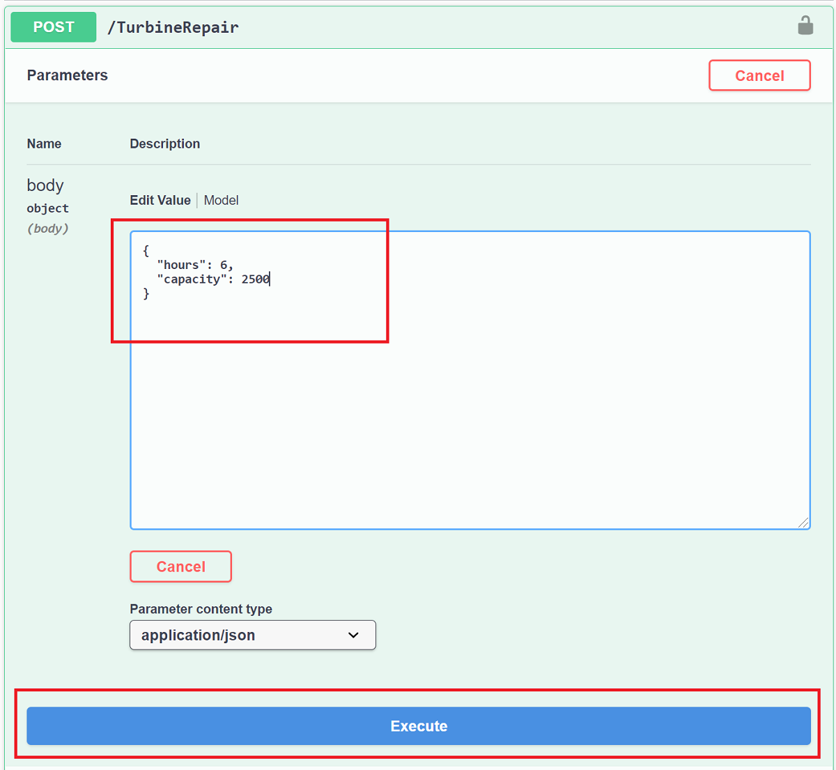 Swagger-användargränssnitt för testning av TurbineRepair-API:et