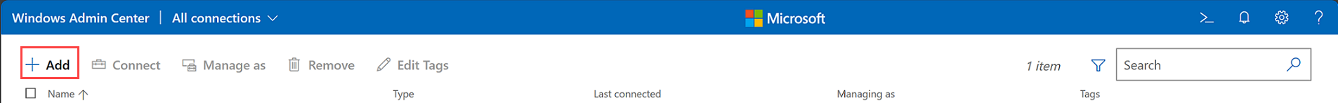 Skärmbild av sidan Alla anslutningar i Administrationscenter för Windows med knappen Lägg till som används för att lägga till ett kluster.