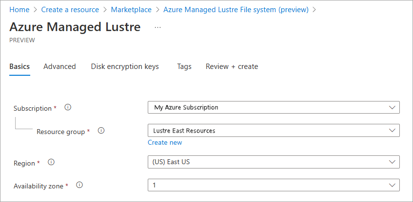 Skärmbild som visar projektinformation på fliken Grunder för Azure Managed Lustre.