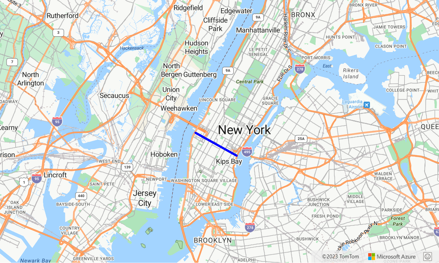 En skärmbild som visar ett linjeskikt på en Azure Maps karta.