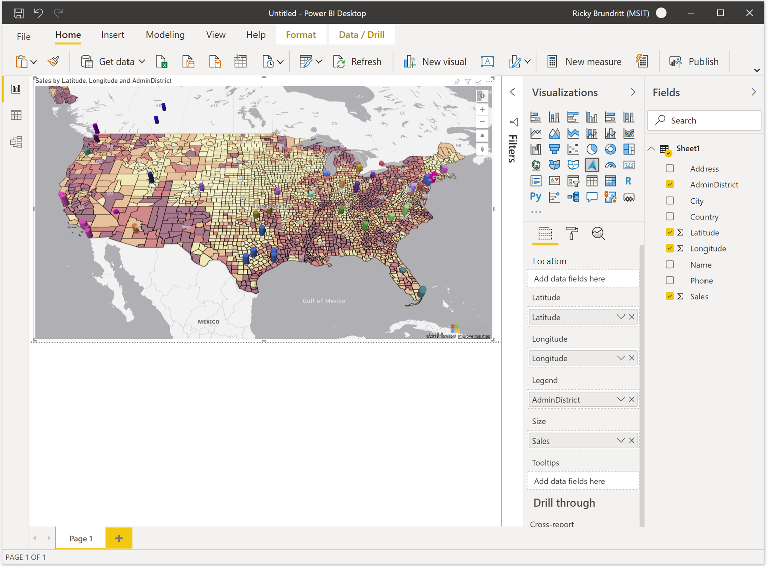 En skärmbild av Power BI Desktop med det visuella Azure Maps Power BI-objektet som visar affärsdata.
