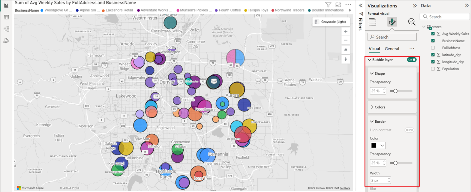 En skärmbild av det visuella Azure Maps-objektet som visar punkter som bubblor på kartan med ett anpassat format.