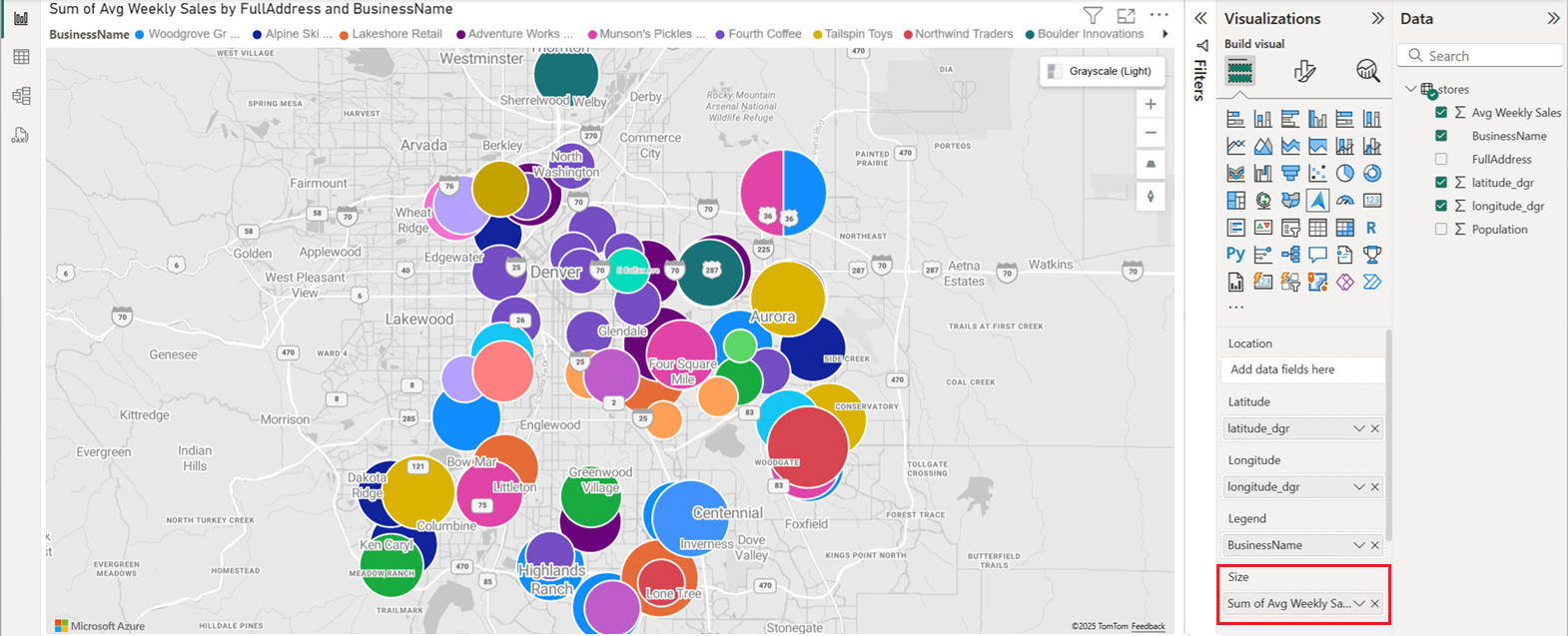 En skärmbild av det visuella Azure Maps-objektet som visar punkter som färgade och skalade bubblor på kartan som visar storleksfältet.