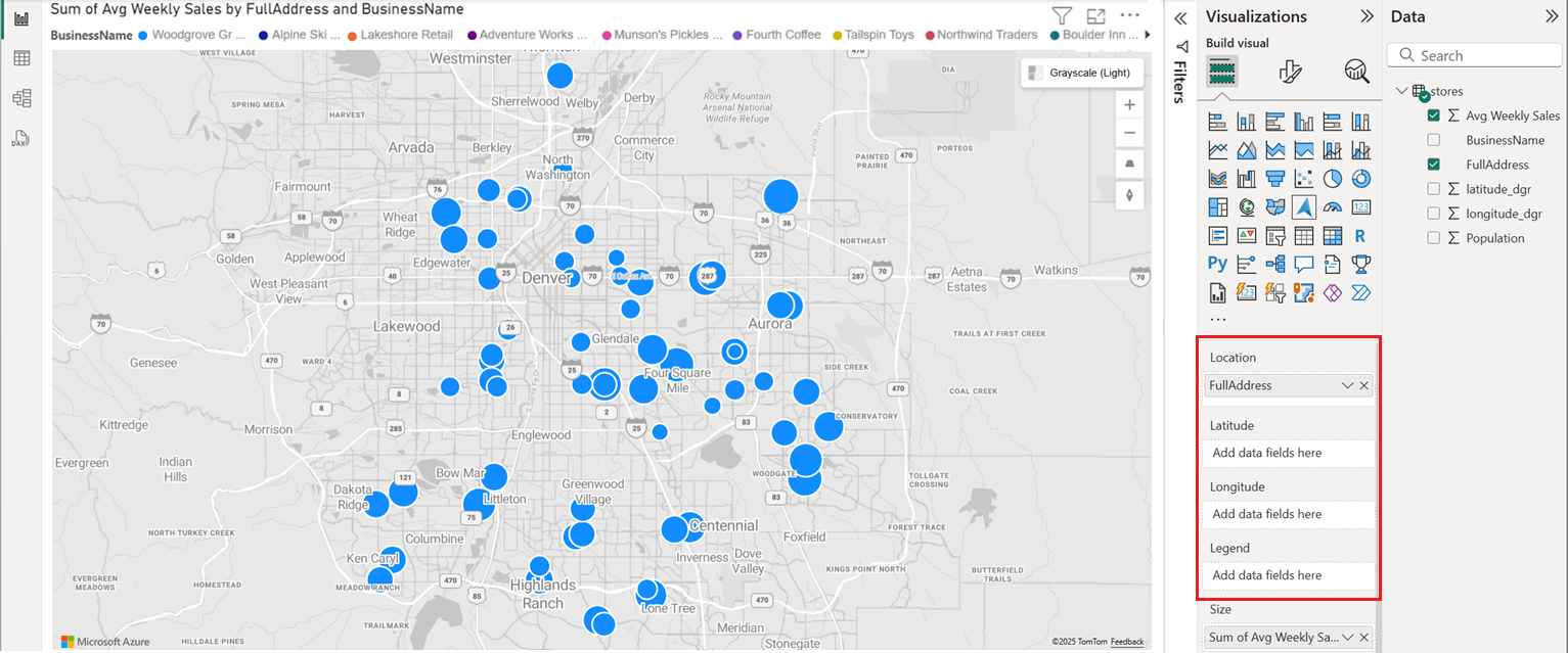 En skärmbild av det visuella Azure Maps-objektet som visar punkter som bubblor på kartan efter att latitud- och longitudfält har angetts.