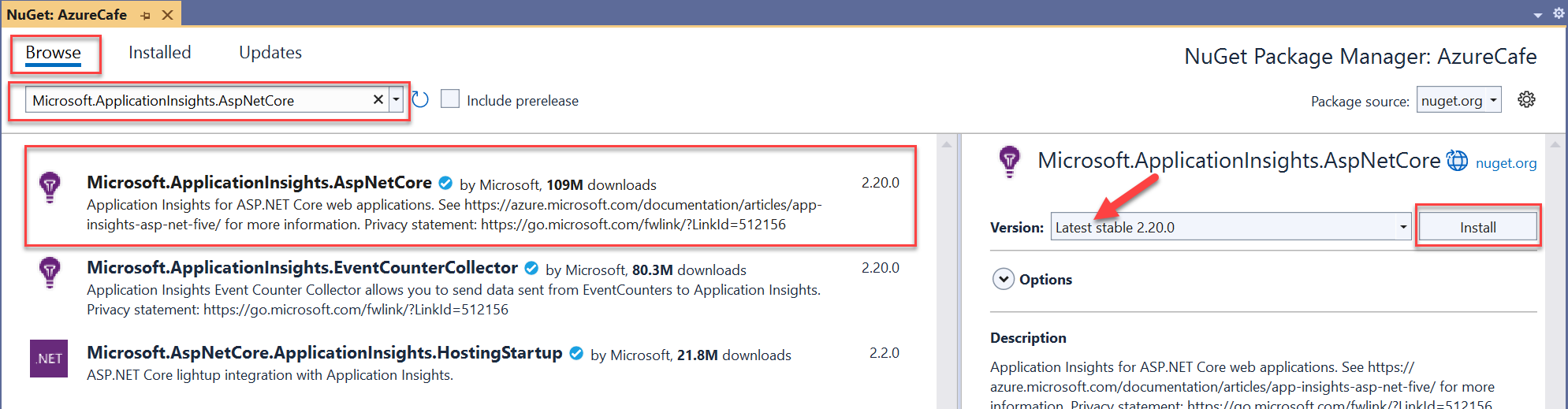 Skärmbild av användargränssnittet för NuGet Package Manager i Visual Studio.
