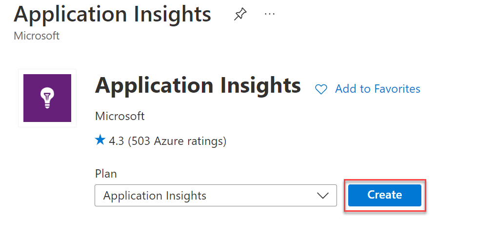 Skärmbild av översiktsskärmen för Application Insights i Azure Portal med knappen Skapa markerad.
