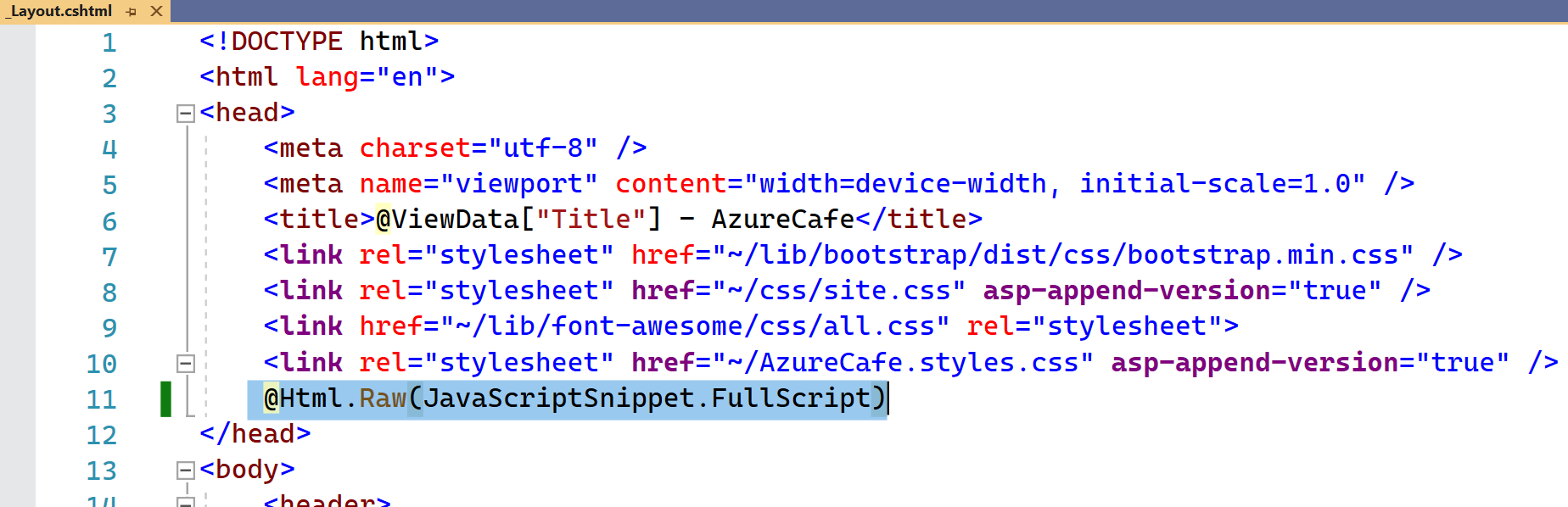 Skärmbild av filen _Layout.cshtml i Visual Studio med föregående kodrad markerad i huvudavsnittet i filen.