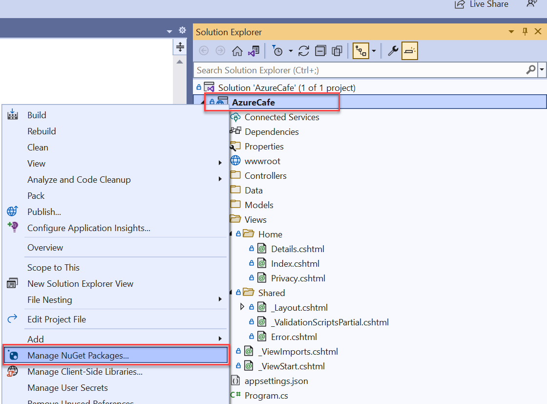 Skärmbild av Visual Studio-Solution Explorer med Azure Cafe-projektet valt och snabbmenyalternativet Hantera NuGet-paket markerat.
