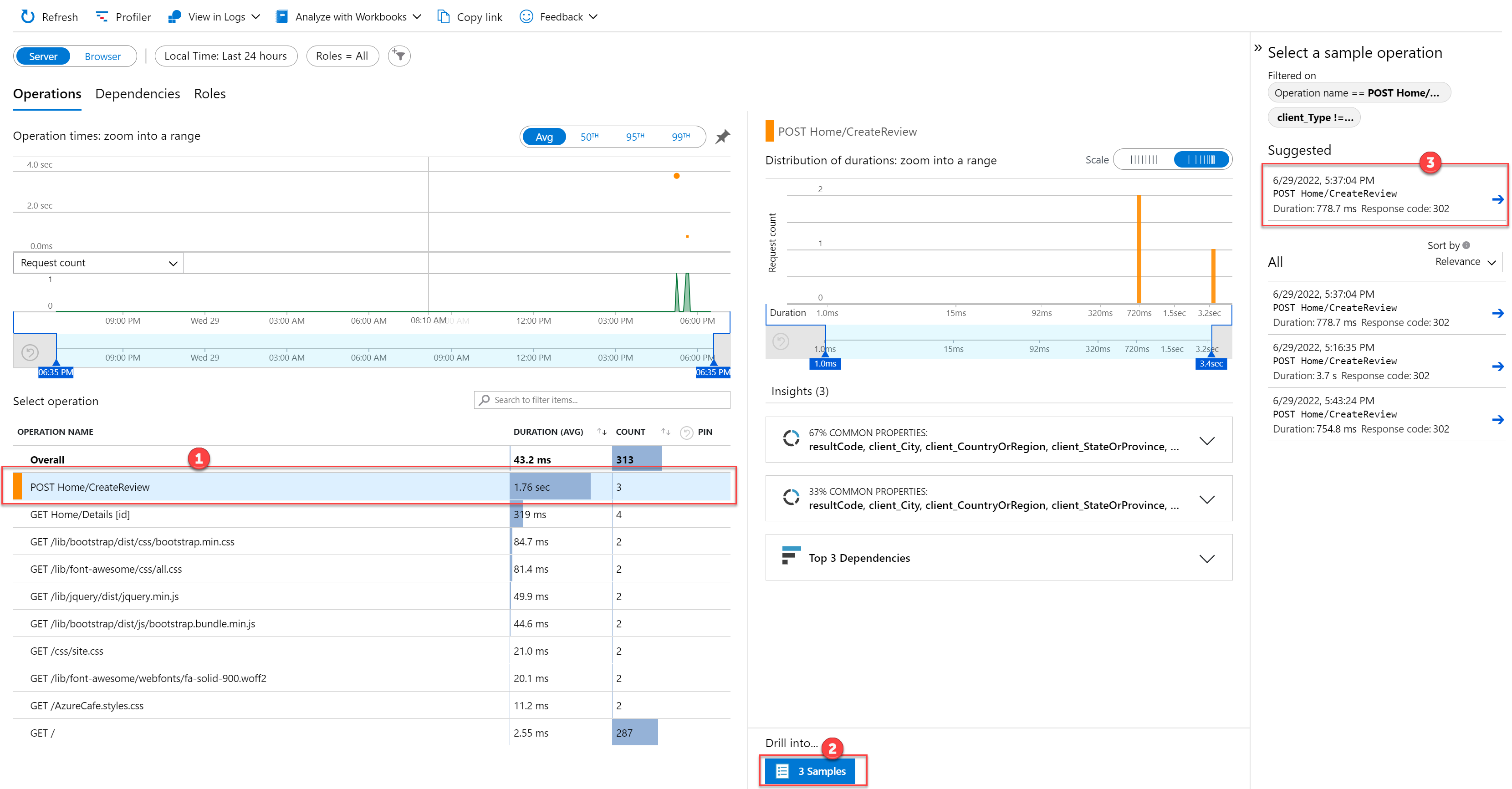 Skärmbild av skärmen Prestanda för Application Insights i Azure Portal med åtgärder och exempelåtgärder listade.