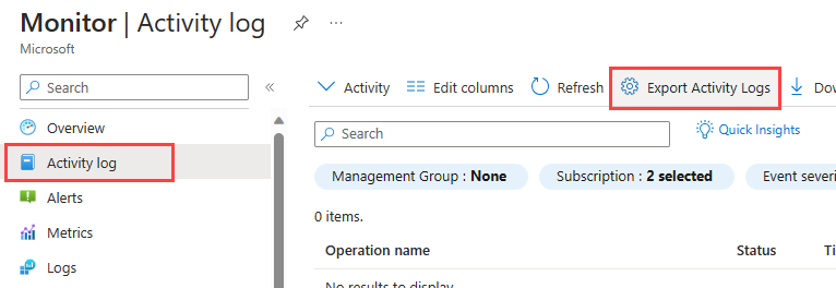 Skärmdump som visar Azure Monitor-menyn med Aktivitetslogg vald och Exportera aktivitetsloggar markerat i Monitor-aktivitetsloggmenyfältet.