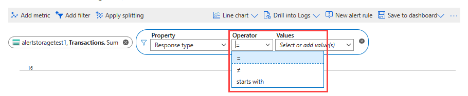 Skärmbild som visar den operator som du kan använda med filtret.