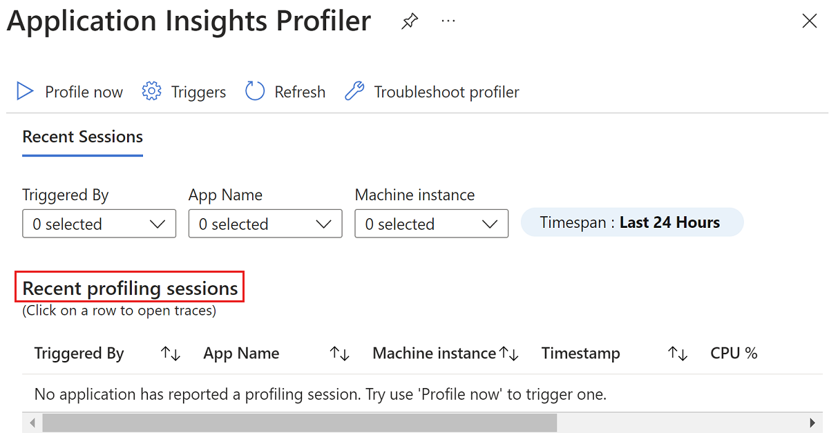 Azure Portal skärmbild av sidan Application Insights Profiler.