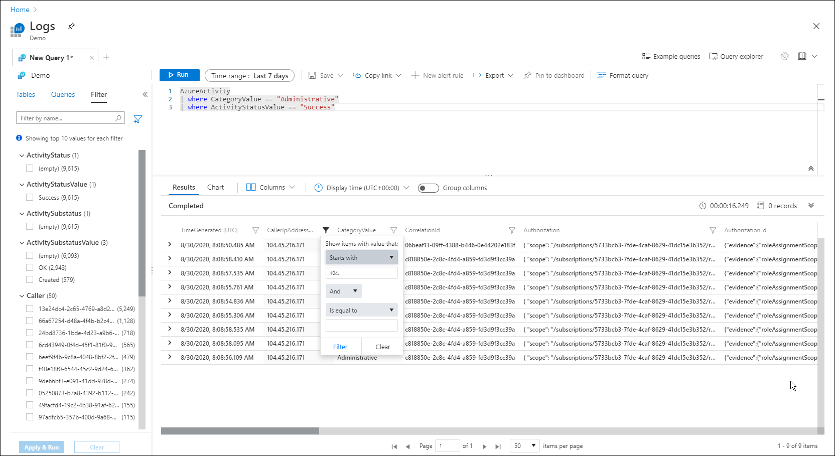 Skärmbild som visar ett frågeresultatfilter.