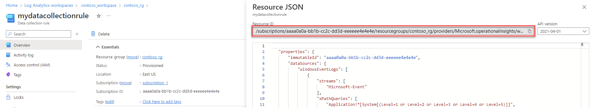 Skärmbild som visar JSON-vyn för datainsamlingens slutpunkt.