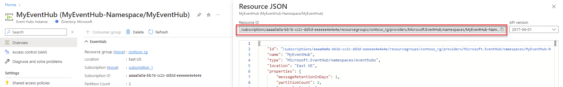 Skärmbild som visar skärmen Resurs-JSON med händelsehubbens resurs-ID markerat.