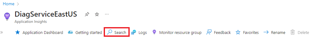 Skärmbild som visar hur du väljer knappen Sök från Application Insights-resursen.