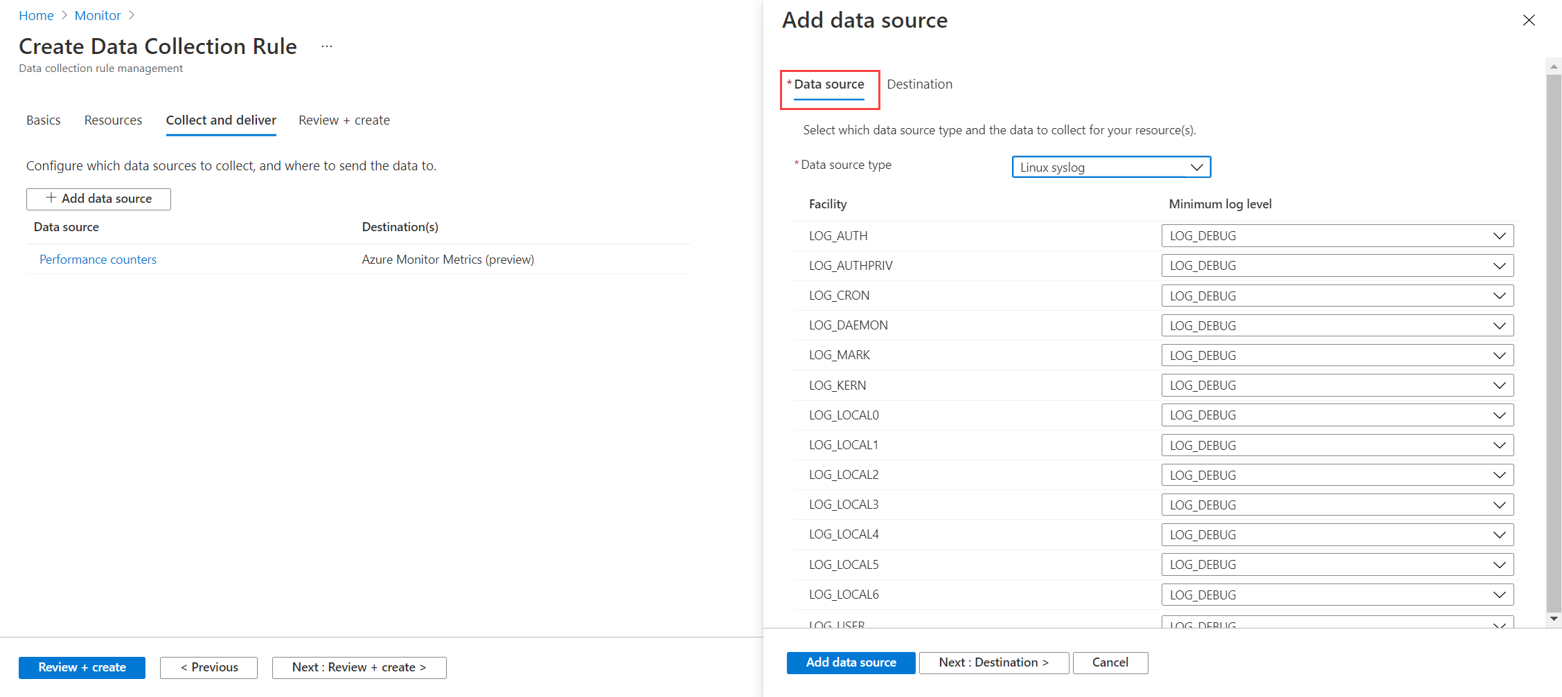 Screenshot that shows the data collection rule Linux log data source.