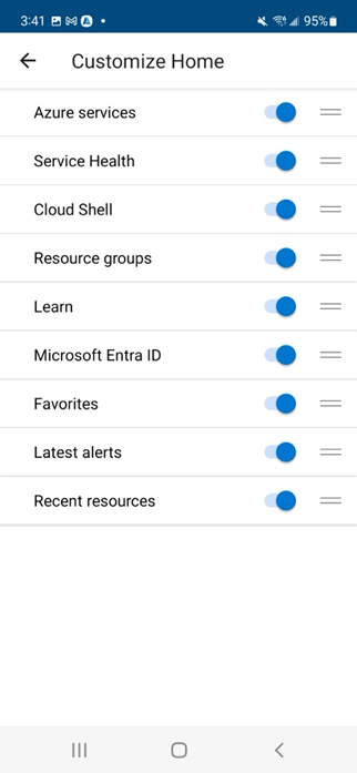 Skärmbild som visar anpassningsskärmen för Startskärmen för Azure-mobilappen.