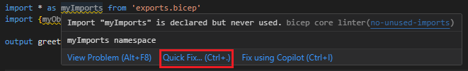 En skärmbild av hur du använder snabbkorrigering för linterregeln no-unused-variables.