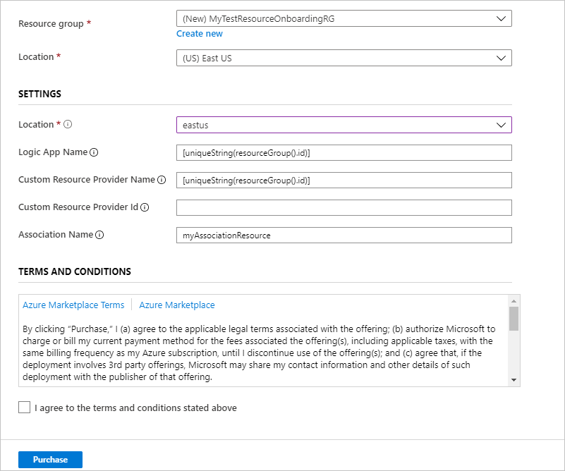 Skärmbild av Azure Portal som visar mallparametrarnas indatafält för distributionen av den anpassade resursprovidern.