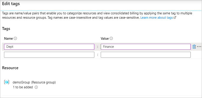 Skärmbild av Azure Portal med dialogrutan Lägg till tagg öppen.