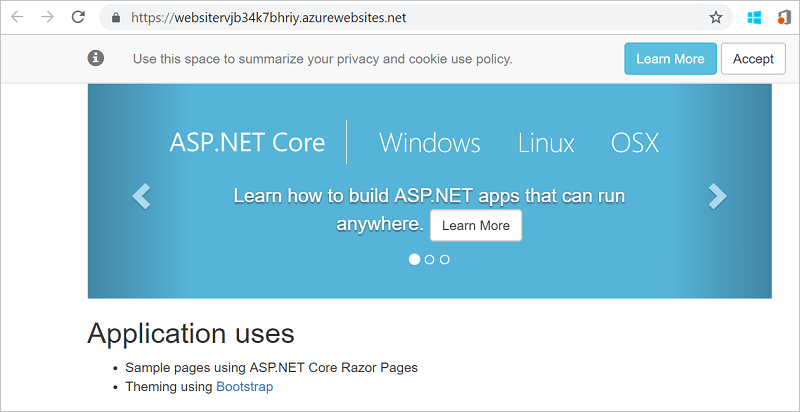 Skärmbild av den distribuerade standardappen ASP.NET i en webbläsare.