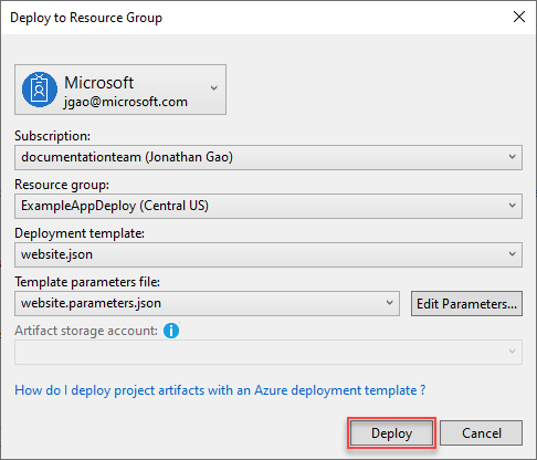 Skärmbild av dialogrutan Distribuera till resursgrupp i Visual Studio.