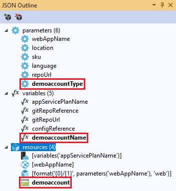 Skärmbild av JSON-dispositionsfönstret som visar den tillagda lagringskontoresursen.