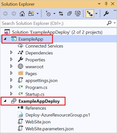 Skärmbild av Visual Studio Solution Explorer som visar båda projekten i lösningen.