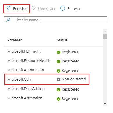 Skärmbild av listan över Azure Portal resursproviders som visar en specifik provider vald och knappen Registrera markerad.