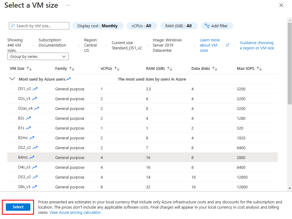 Skärmbild av Azure Portal som visar en lista över tillgängliga storlekar på virtuella datorer tillsammans med filtreringsalternativ för att begränsa markeringen.