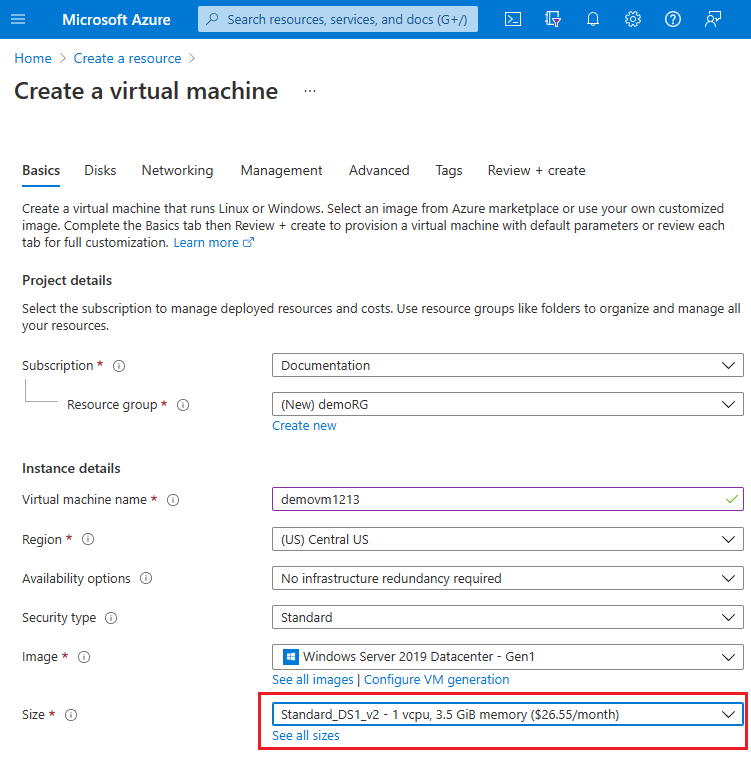 Skärmbild av Azure Portal distributionsgränssnitt som visar alternativ för att välja en storlek på en virtuell dator från en nedrullningsbara meny.