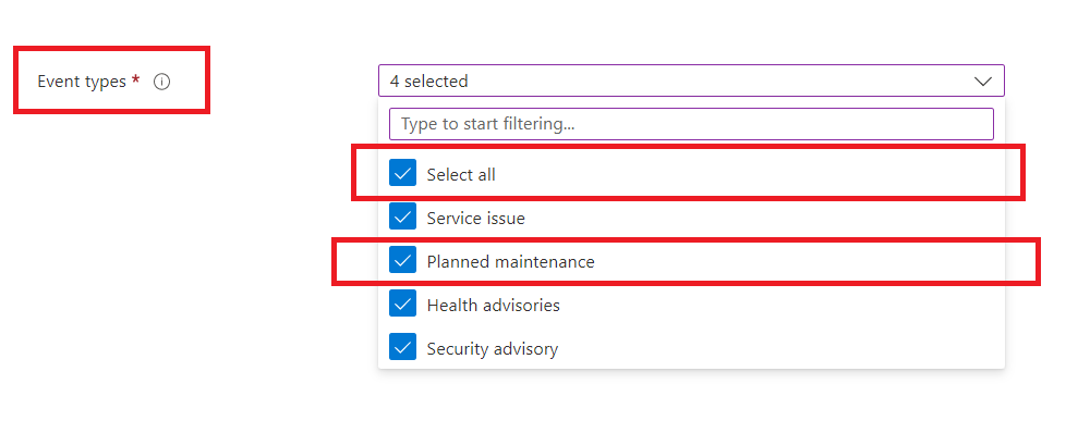 A screenshot of the Azure portal page where you define conditions for the health alert and define event types to be notified for.