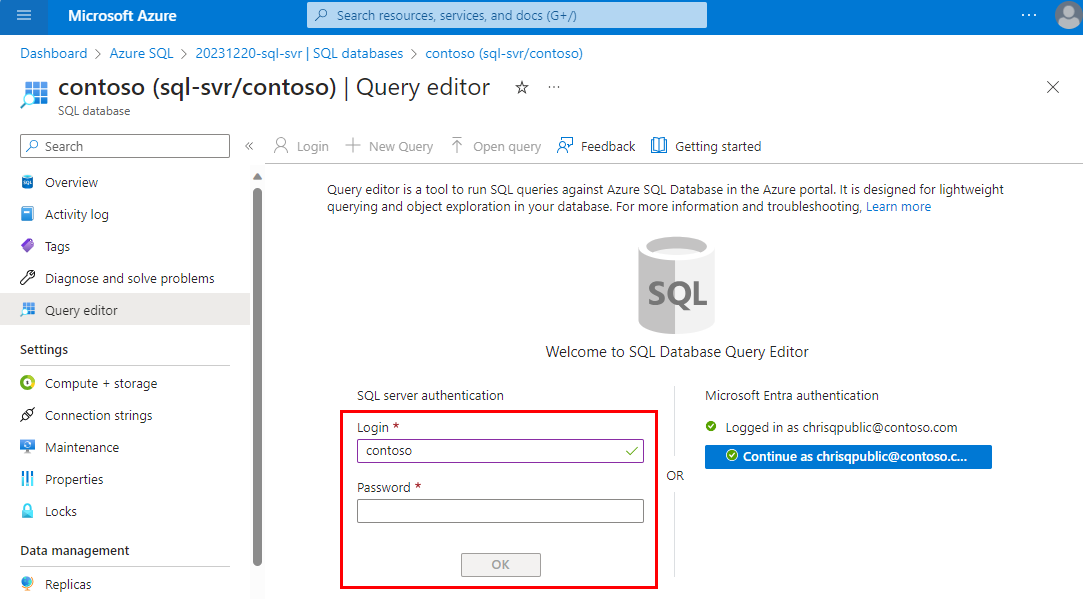 Screenshot from the Azure portal showing sign-in with SQL authentication.