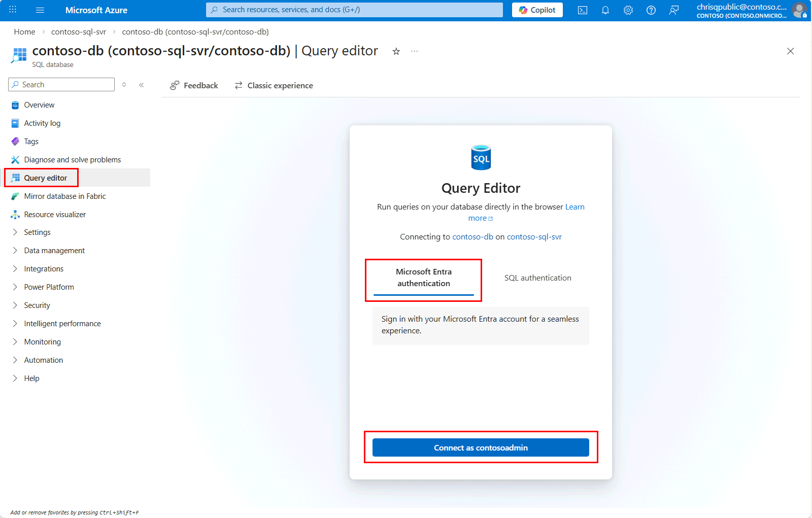 Screenshot from the Azure portal showing sign-in with Microsoft Entra authentication.