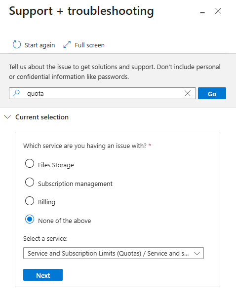 Skärmdump från Azure-portalen som visar Support + felsökningspanelen. Sök efter kvot, välj Ingen av ovanstående och välj sedan Databaser / SQL-databas eller Databaser / SQL Managed Instance.