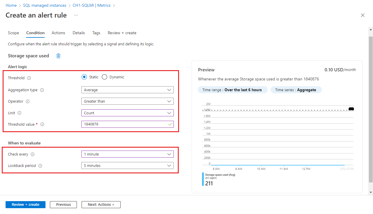 Screenshot of Condition tab of the Create alert rule dialog box in the Azure portal. The Alert logic and When to evaluate sections are highlighted.