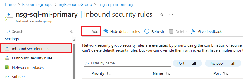 Skärmbild av att lägga till inkommande säkerhetsregler för nätverkssäkerhetsgruppen i Azure-portalen. 