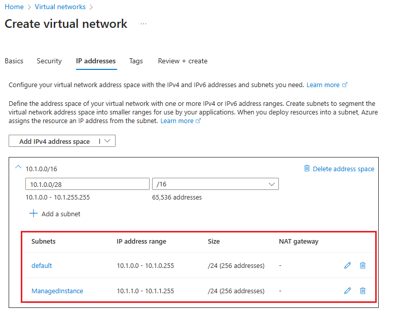 Skärmbild av adressutrymmet för ett nytt virtuellt nätverk i Azure-portalen.