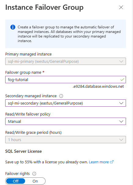 Skärmbild för att skapa redundansgrupp i Azure-portalen.