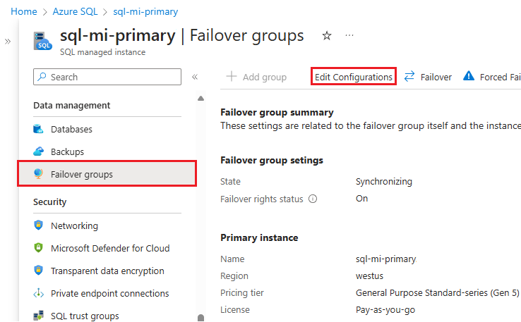 Skärmbild av panelen för failovergrupp i Azure-portalen med Redigera konfigurationer markerat.