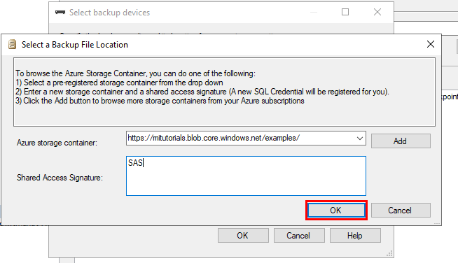 Screenshot of the Select a Backup File Location dialog. The sample WideWorldImporters folder location is specified. Select is boxed in red.