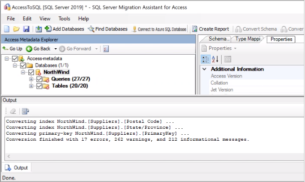 Skärmbild som visar att objekten i Access Metadata Explorer konverteras.