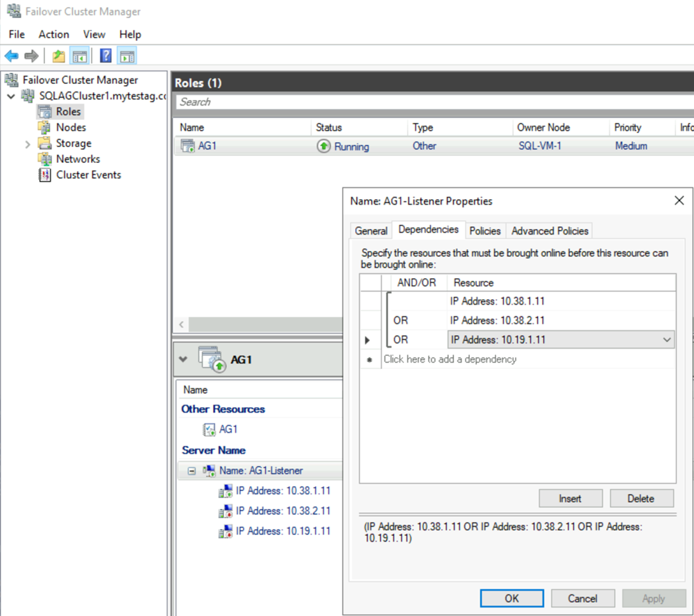 Screenshot of Failover Cluster Manager that shows configured IP addresses for an availability group.