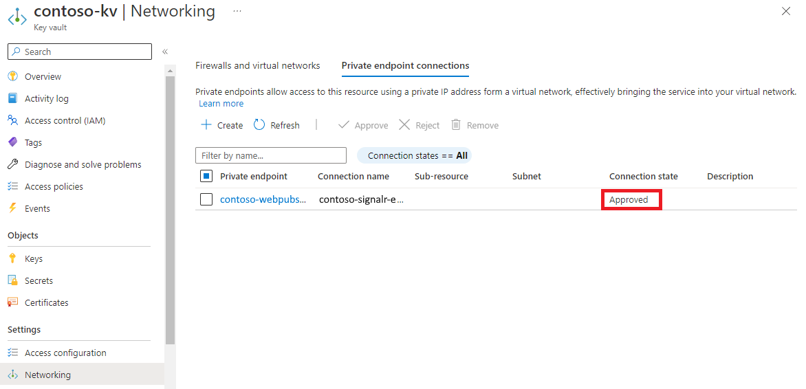 Screenshot of the Azure portal, showing an Approved status on the Private endpoint connections pane.