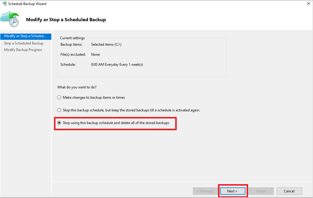 Screenshot shows how to modify or stop a scheduled backup.