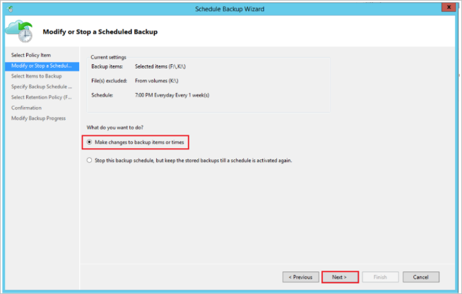 Screenshot shows how to modify or schedule backup.